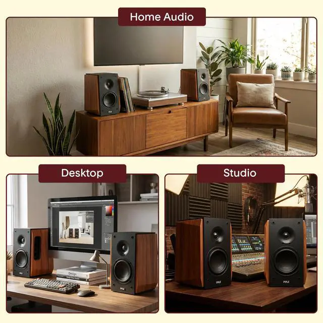 Alt view image 6 of 6 - Powered Bookshelf Speaker System with Bluetooth, 80W Active Stereo Speakers, Bass Reflex Natural Wood Cabinet, Hi Def ARC, Optical, Coax, Subwoofer Out, for Entertainment, Studio (Pair)