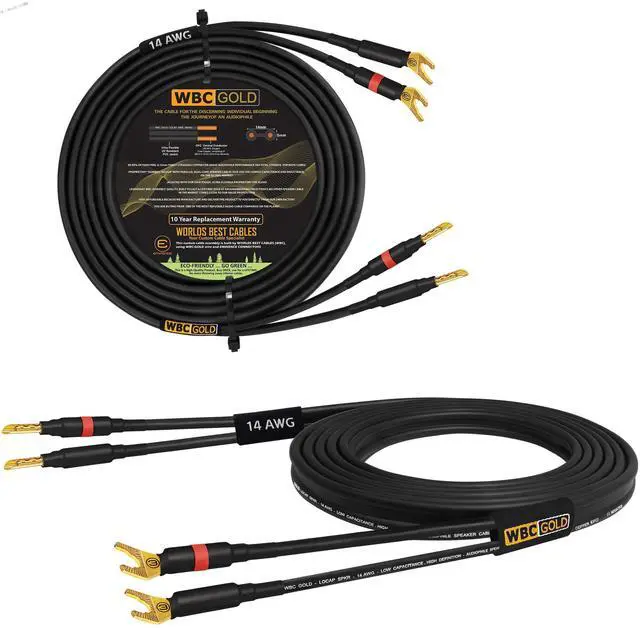 Main image of 20 Foot WBC-GOLD-LOCAP-SPKR-14 AWG - Low-Capacitance - Low-Inductance - High Purity OFC - Audiophile HiFi Speaker Cable Pair with Eminence Gold Banana (x2) & Spade (x2) Plugs