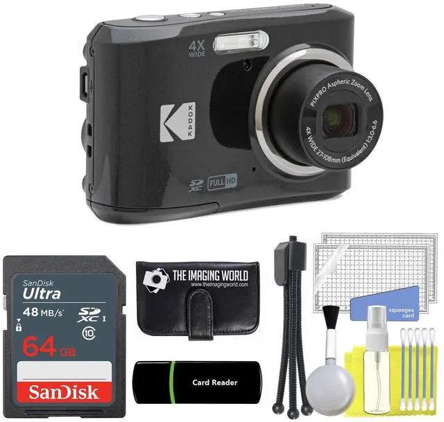 Main image of Kodak PIXPRO FZ45 16MP Digital Camera 4X Optical Zoom 27mm Wide Angle 1080P Full HD Video 2.7" LCD Camera (Black) + 64GB Card and Reader + Memory Wallet + Tripod + Cleaning Bundle