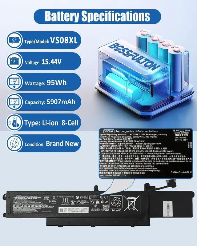Alt view image 2 of 6 - 95Wh 4-Cell VS08XL M86087-005 Battery Replacement for HP ZBook Fury 16 G9 ZBook Fury 16 G10 ZBook Fury 16 G11 Mobile Workstation 2080 Series Notebook -15.44V 5907mAh