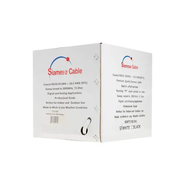 Alt view image 4 of 6 - 500ft RG59/U Siamese CCTV Cable 20AWG Coaxial + 18/2 Power Conductors, 95% Shielded Bulk Cable for Analog Security Camera Installations, White
