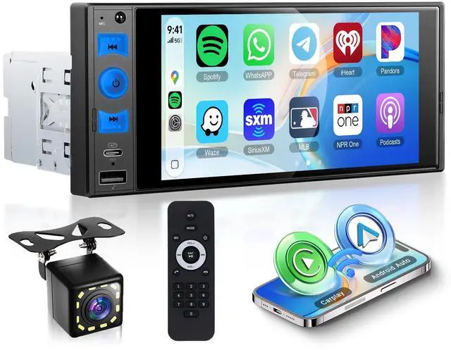 Main image of Single Din Car Stereo with Wireless A-pple Carplay Android Auto, 6" Incell Touch Screen Car Radio 1 Din with Backup Camera Car Audio Receiver, Support Mirror Link Bluetooth FM USB EQ SWC