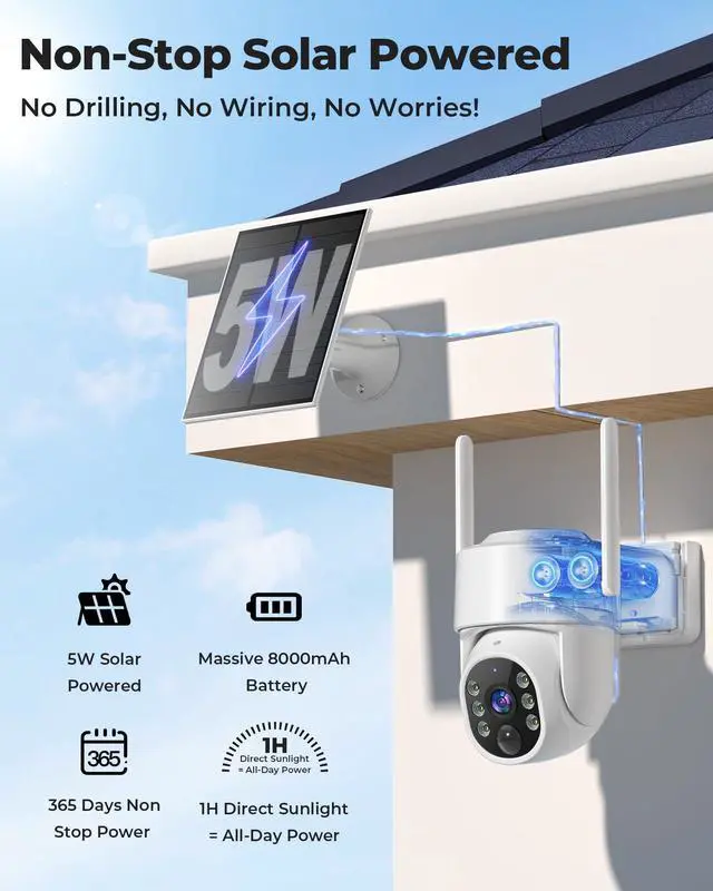 Alt view image 4 of 6 - Security Cameras Wireless Outdoor 5G& 2.4G, No Subscription, 2 Cam-Kit,4MP Solar Powered Home Security Cameras System With 360°PTZ,128GB Local Storage,Color Night Vision WiFi Cameras for Home Security