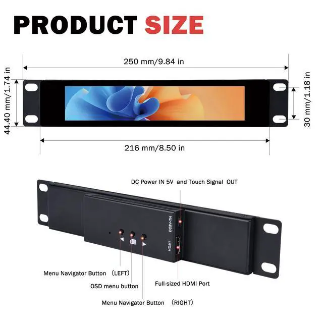 Alt view image 2 of 6 - 6.91 inch 1424x280 LCD Touch Screen 1U Rack Mount Monitor for DeskPi RackMate T0/T1/T2/T0 Plus/T1 Plus/TL1 Server Cabinet and 10 inch Server Rack