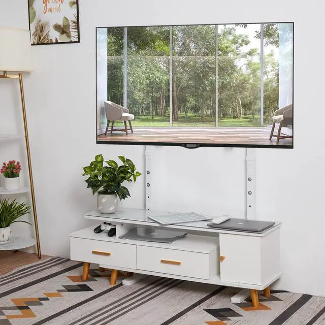 Alt view image 2 of 6 - Universal Against The Wall TV Stand Floor: Free Standing Mount Stand with Height Adjustable Bracket for TV Bench Compatible with 32-85 inch Flat Panel LED LCD Plasma Screens (White)