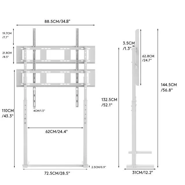 Alt view image 5 of 6 - Universal Against The Wall TV Stand Floor: Free Standing Mount Stand with Height Adjustable Bracket for TV Bench Compatible with 32-85 inch Flat Panel LED LCD Plasma Screens (White)