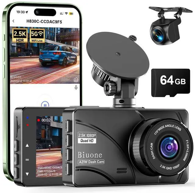 Main image of Dash Cam Front and Rear, 2.5K Dual Dash Camera for Cars W/ 64GB Card,3" IPS Screen Dash Cam Built-in 5G WIFI, Car Camera with G-Sensor, Loop Recording, Night Vision, 24H Parking Monitor,170°Wide Angle