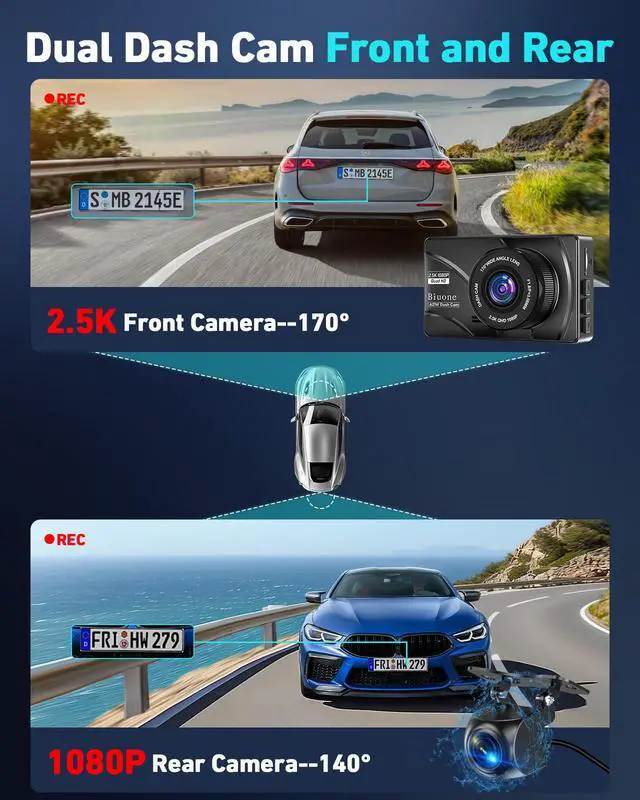 Alt view image 6 of 6 - Dash Cam Front and Rear, 2.5K Dual Dash Camera for Cars W/ 64GB Card,3" IPS Screen Dash Cam Built-in 5G WIFI, Car Camera with G-Sensor, Loop Recording, Night Vision, 24H Parking Monitor,170°Wide Angle
