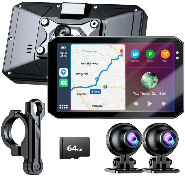 Main image of Y5 5" Motorcycle Dash Cam Front and Rear, 1080P+1080P Motorcycle Camera, CarPlay & Android Auto, IP67 Waterproof, GPS & Parking Monitoring, 5GHz Wi-Fi & App, 64GB Card Included, Night Vision
