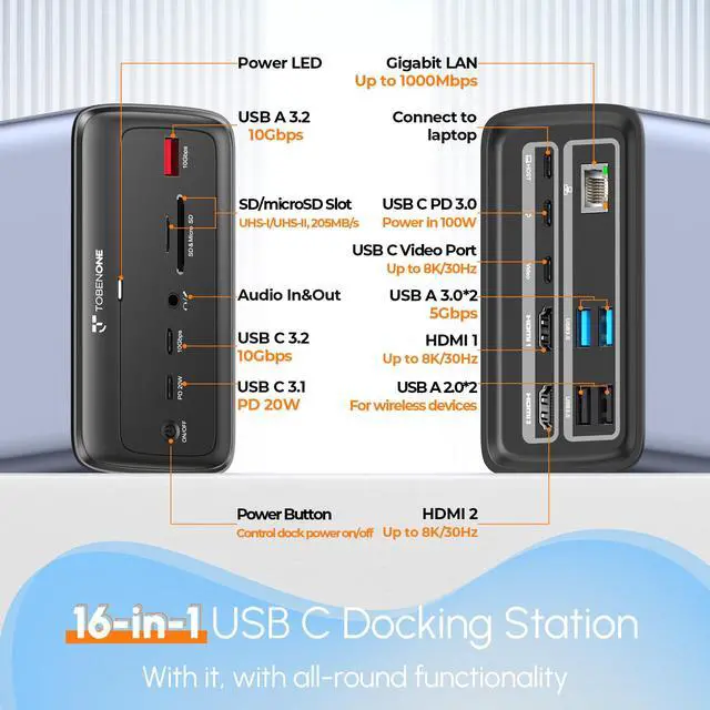Alt view image 2 of 6 - Docking Station 3 Monitors, Triple Monitor Docking Station with Single 8K USB-C Video, Dual 4K HDMI, 10Gbps USB A/C, PD 3.0, 100W Power Supply, USB C Dock for Windows/ChromeOS, Dell, HP, ASUS