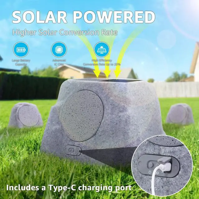 Alt view image 2 of 6 - 1-to-2 Solar Powered Rock Speakers Outdoor Water-Resistant IP44 Rock Speaker with Bass and USB Charging for Patio Pool Party Yard Garden Outside