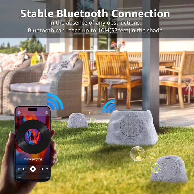 Alt view image 3 of 6 - 1-to-2 Solar Powered Rock Speakers Outdoor Water-Resistant IP44 Rock Speaker with Bass and USB Charging for Patio Pool Party Yard Garden Outside