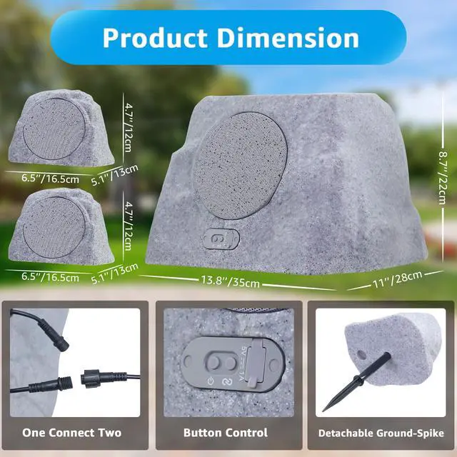 Alt view image 5 of 6 - 1-to-2 Solar Powered Rock Speakers Outdoor Water-Resistant IP44 Rock Speaker with Bass and USB Charging for Patio Pool Party Yard Garden Outside