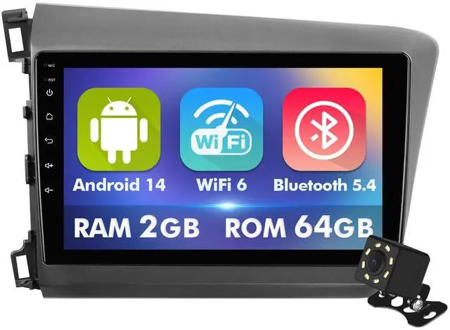 Main image of 9 Inch IPS Touchscreen Android 14 Car Stereo for Honda Civic 2012-2015 with Wireless CarPlay & Android Auto 2+64GB Car Radio, Support GPS, WiFi 6, Bluetooth,5.4, FM, Backup Camera, SWC, Dual USB