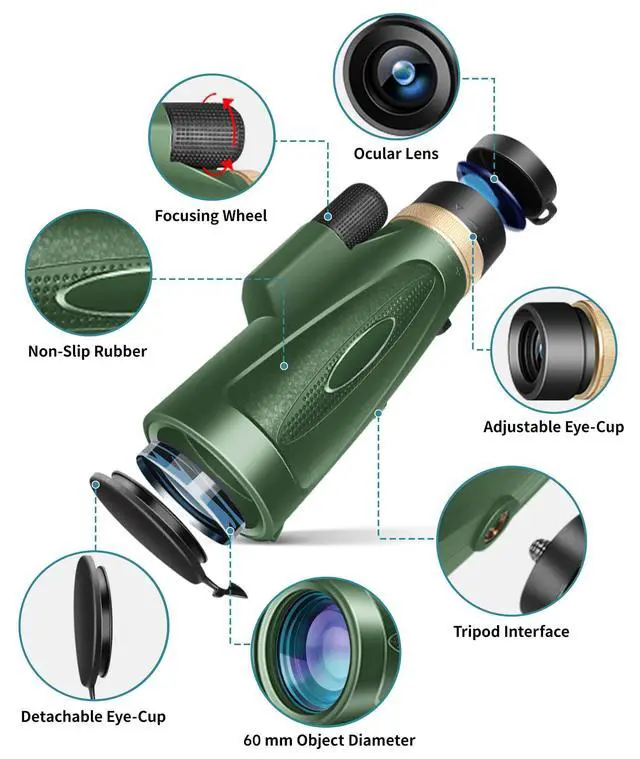 Alt view image 2 of 6 - Monocular Telescope 12X60 HD High Power with Smartphone Adapter Tripod,Larger Vision Monoculars for Adults with BAK4 Prism & FMC Lens, Suitable for Bird Watching Hunting Hiking Camping Wildlife-Green