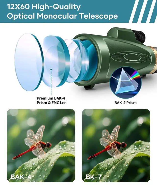 Alt view image 3 of 6 - Monocular Telescope 12X60 HD High Power with Smartphone Adapter Tripod,Larger Vision Monoculars for Adults with BAK4 Prism & FMC Lens, Suitable for Bird Watching Hunting Hiking Camping Wildlife-Green