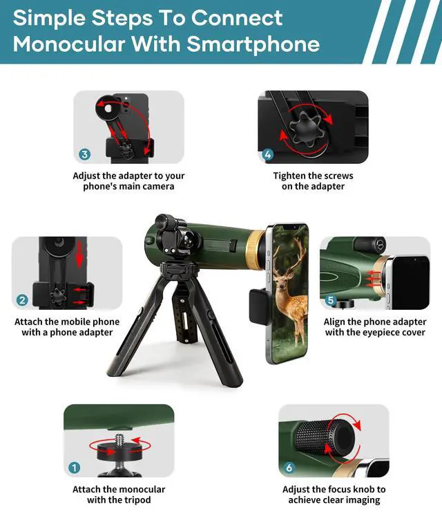 Alt view image 5 of 6 - Monocular Telescope 12X60 HD High Power with Smartphone Adapter Tripod,Larger Vision Monoculars for Adults with BAK4 Prism & FMC Lens, Suitable for Bird Watching Hunting Hiking Camping Wildlife-Green