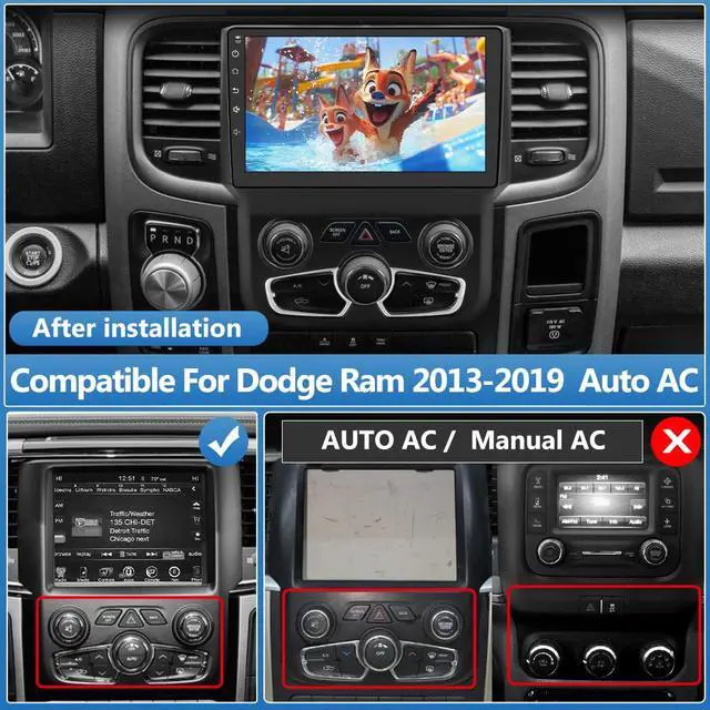 Alt view image 3 of 6 - Car Radio Stereo for Dodge Ram 2013-2018 1500 2500 3500 Automatic AC Android 13 2G RAM 64G ROM with Wireless Carplay Android Auto, 9-inch Touch Screen Head Unit