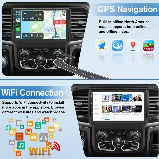 Alt view image 4 of 6 - Car Radio Stereo for Dodge Ram 2013-2018 1500 2500 3500 Automatic AC Android 13 2G RAM 64G ROM with Wireless Carplay Android Auto, 9-inch Touch Screen Head Unit