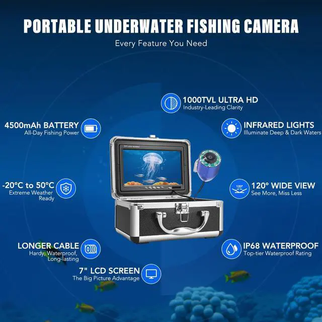 Alt view image 4 of 6 - Underwater Fishing Camera, Portable Fish Finder with 7" LCD Monitor, IP68 Waterproof 1000TVL HD Fishing Camera with Infrared Lights for Lake Kayak Boat Ice Dark Fishing (65ft/20M Cable)