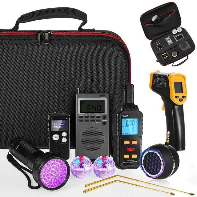 Main image of 9 Pcs Ghost Hunting Equipment Kit with Emf Meter, Ghost Hunting Research Box, Voice Recorders, Flashlight, Speaker, Motion Light up Cat Balls and Radio