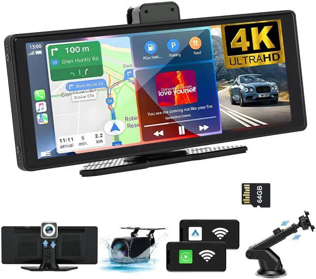 Main image of Wireless CarPlay Screen for Car 10.26" 4K Dash Cam & 1080P Backup Camera | Carplay & Android Auto, GPS Navigation, Voice Control/Siri, Mirror Link/Bluetooth/FM, Satellite Radio Receiver