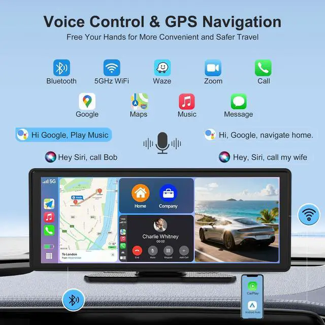 Alt view image 2 of 6 - Wireless CarPlay Screen for Car 10.26" 4K Dash Cam & 1080P Backup Camera | Carplay & Android Auto, GPS Navigation, Voice Control/Siri, Mirror Link/Bluetooth/FM, Satellite Radio Receiver