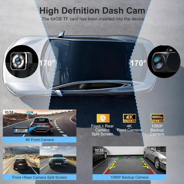 Alt view image 3 of 6 - Wireless CarPlay Screen for Car 10.26" 4K Dash Cam & 1080P Backup Camera | Carplay & Android Auto, GPS Navigation, Voice Control/Siri, Mirror Link/Bluetooth/FM, Satellite Radio Receiver