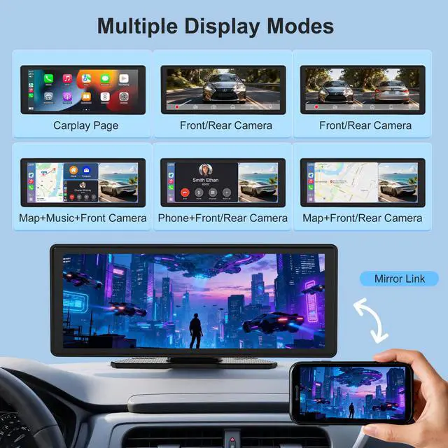 Alt view image 5 of 6 - Wireless CarPlay Screen for Car 10.26" 4K Dash Cam & 1080P Backup Camera | Carplay & Android Auto, GPS Navigation, Voice Control/Siri, Mirror Link/Bluetooth/FM, Satellite Radio Receiver