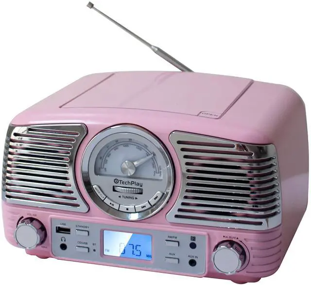 Main image of TechPlay QT62BT, Retro Design Compact Stereo CD, with AM/FM Rotary knob, Wireless Bluetooth Reception and USB Port. with AUX in and Headphone Jack