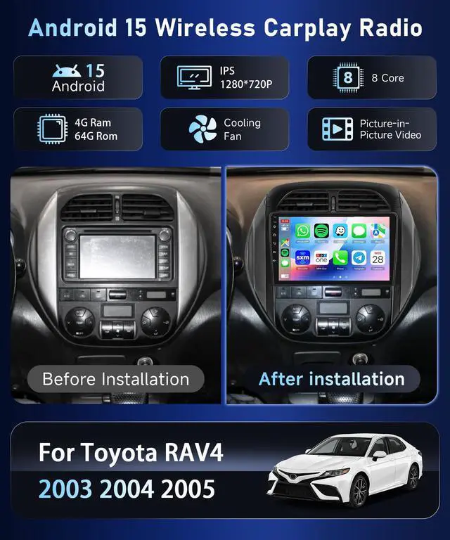 Alt view image 2 of 6 - 8Core4+64G Car Stereo for Toyota RAV4 2003-2005 Wireless CarPlay/Android Auto Android Radio with Qualcomm 9" IPS Touch Screen,BT5.1,DSP Hi-Res,GPS,SWC,Backup Camera for Toyota RAV4 Radio