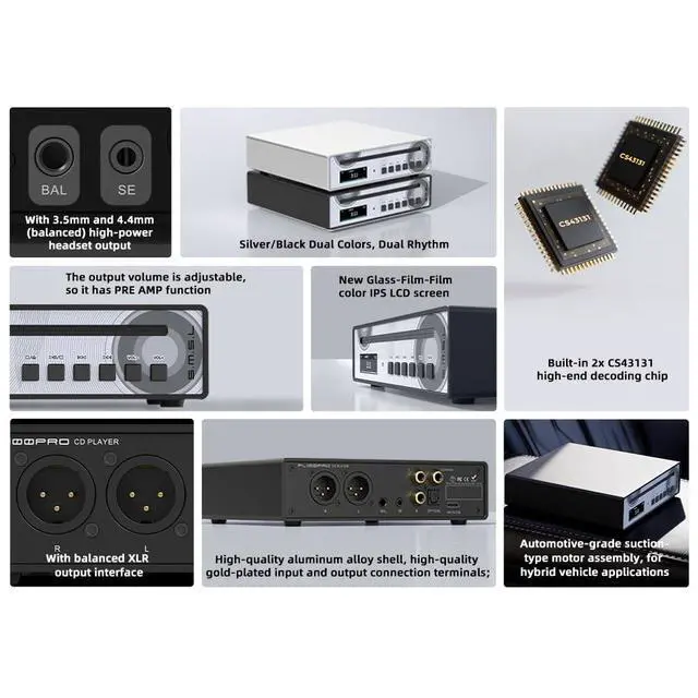 Alt view image 3 of 6 - SMSL PL100PRO CD Player,RCA/Optical/Coaxial/XLR Balanced/3.5+4.4mm Headphone Output,200mW 32,2*CS43131 High-End DAC Chips,Compatible with CD-R/CD-RW/MP3 Discs,Lossless MQA Playback