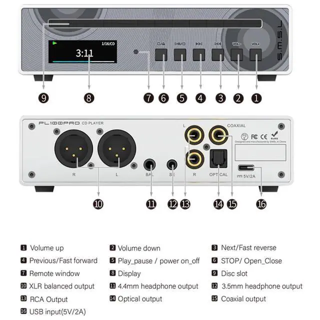 Alt view image 4 of 6 - SMSL PL100PRO CD Player,RCA/Optical/Coaxial/XLR Balanced/3.5+4.4mm Headphone Output,200mW 32,2*CS43131 High-End DAC Chips,Compatible with CD-R/CD-RW/MP3 Discs,Lossless MQA Playback
