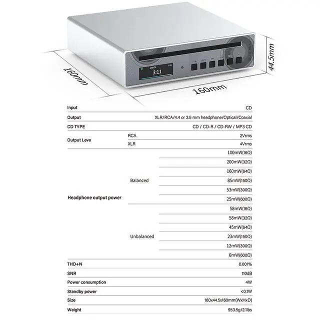 Alt view image 6 of 6 - SMSL PL100PRO CD Player,RCA/Optical/Coaxial/XLR Balanced/3.5+4.4mm Headphone Output,200mW 32,2*CS43131 High-End DAC Chips,Compatible with CD-R/CD-RW/MP3 Discs,Lossless MQA Playback
