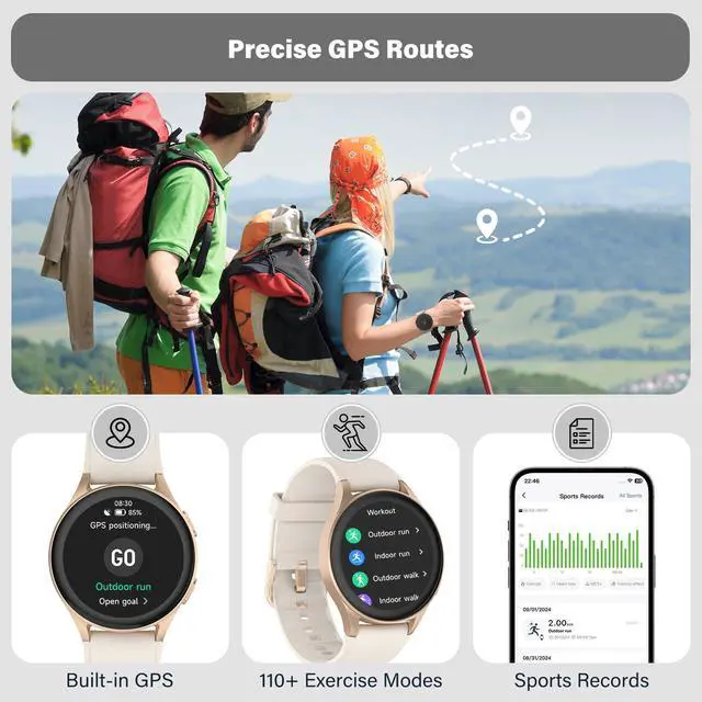 Alt view image 2 of 6 - Smartwatch, Built-in Alexa, GPS, VO2 Max, HRV, Blood Oxygen, Sleep Monitoring, Women's Health, Custom Reminders, Sports Tracking, 1.32" AMOLED, Compass, Altimeter (Bluetooth, Gold, 43mm)
