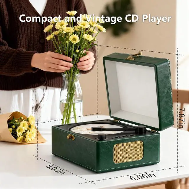 Alt view image 4 of 6 - Retro CD Player with Bluetooth in&Out Portable Music Player for Relaxing Anywhere,Auto Power Off,USB,AUX,Headphone Jack,Vintage CD Player for Music Lovers,Birthday Gifts for Women/Men-Green