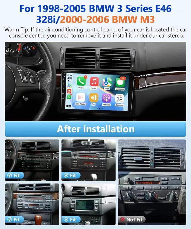 Alt view image 2 of 6 - 8Core Car Stereo for BMW 325i 330i E46 328i 328xi 1998-2005 Radio for BMW M3 2000-2006 Apple CarPlay Android Auto,9IN IPS Touch Screen 5G WiFi/GPS Navi/BT/FM/RDS/DSP/EQ/SWC/AHD Camera