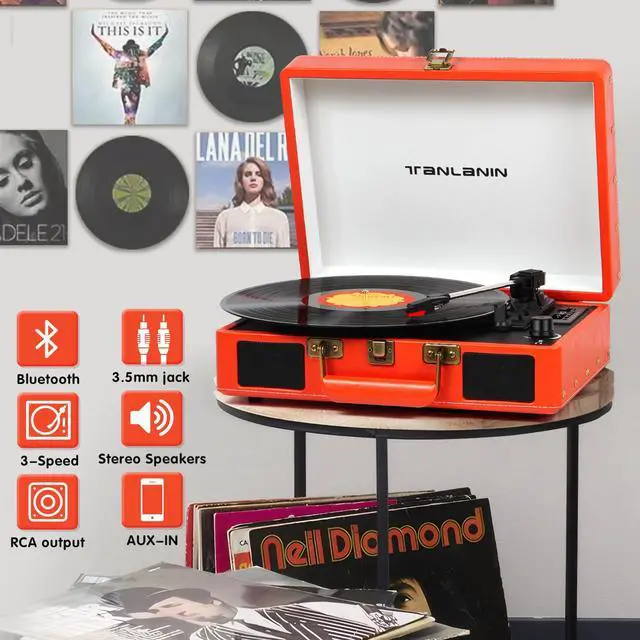 Alt view image 2 of 6 - Portable Vinyl Record Player with Bluetooth and USB Recording, Vintage Suitcase Record Player with Built-in Stereo Speakers, 3-Speed Turntable, RCA/AUX/Headphone Jack, Orange