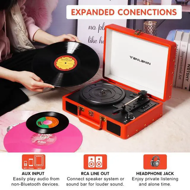Alt view image 3 of 6 - Portable Vinyl Record Player with Bluetooth and USB Recording, Vintage Suitcase Record Player with Built-in Stereo Speakers, 3-Speed Turntable, RCA/AUX/Headphone Jack, Orange