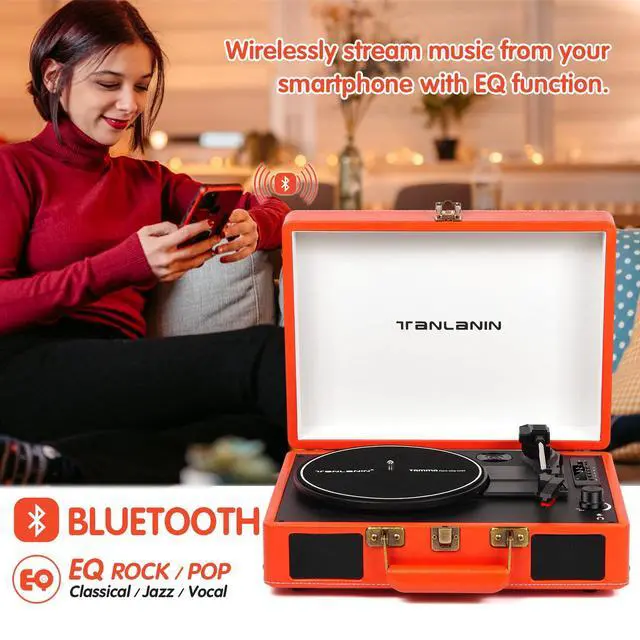 Alt view image 4 of 6 - Portable Vinyl Record Player with Bluetooth and USB Recording, Vintage Suitcase Record Player with Built-in Stereo Speakers, 3-Speed Turntable, RCA/AUX/Headphone Jack, Orange