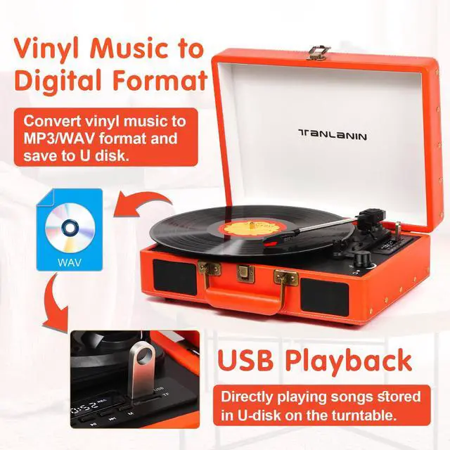 Alt view image 5 of 6 - Portable Vinyl Record Player with Bluetooth and USB Recording, Vintage Suitcase Record Player with Built-in Stereo Speakers, 3-Speed Turntable, RCA/AUX/Headphone Jack, Orange