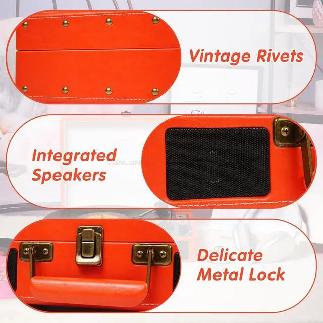 Alt view image 6 of 6 - Portable Vinyl Record Player with Bluetooth and USB Recording, Vintage Suitcase Record Player with Built-in Stereo Speakers, 3-Speed Turntable, RCA/AUX/Headphone Jack, Orange