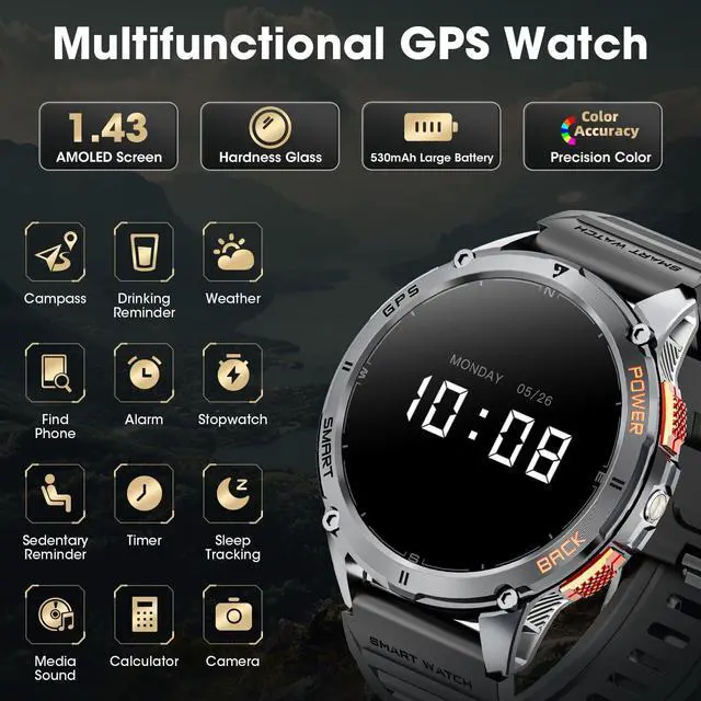 Alt view image 6 of 6 - Military Smart Watches for Men with GPS, 1.43" AMOLED Bluetooth Call Smartwatch with LED Flashlight, Smart Watch for Android iOS, IP68 Waterproof Fitness Tracker with Heart Rate (Black)