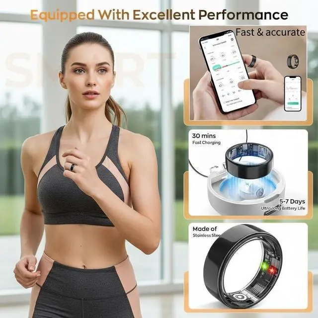 Alt view image 6 of 6 - Smart Health Ring for Men Women, Fitness Tracker Ring with Heart Rate Blood Pressure SpO2 Sleep Monitoring, 100+ Sports, Slim Stainless Steel IP68, No Subscription, iOS Android (Black, 11)