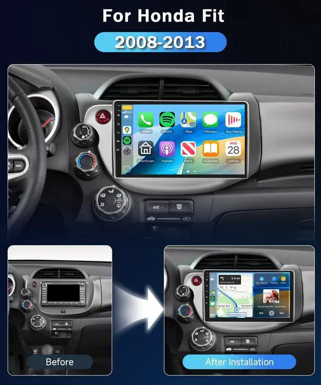 Alt view image 2 of 6 - Qualcomm 8Core 4+64G Car Stereo for Honda Fit 2008-2013 Wireless CarPlay/Android Auto Android Radio with 10.1" IPS Touch Screen,BT5.1,DSP Hi-Res,GPS,5G WiFi,SWC,Backup Camera,Online Upgrade
