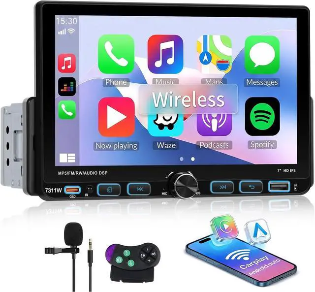 Main image of Single Din Car Stereo with Wireless CarPlay & Android Auto, 7 Inch Incell Touchscreen Car Radio with Bluetooth, Mirror Link, FM/AM/RDS, EQ, USB, SWC