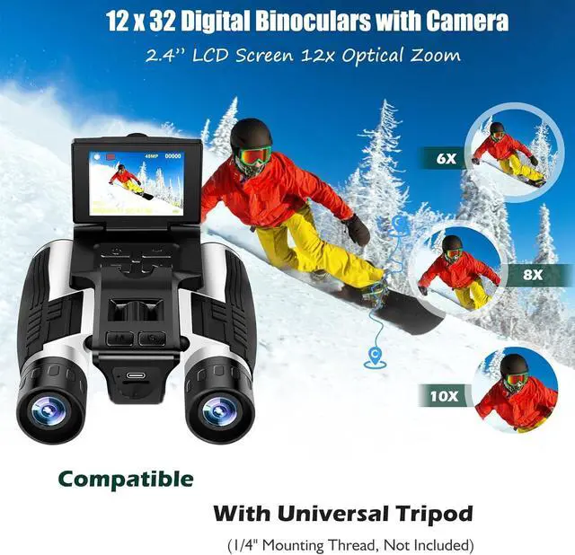 Alt view image 6 of 6 - 2.4" LCD Digital Binoculars with Camera, 48MP 2.5K Video Recording, 12x32 Optics, 8X Digital Zoom for Bird Watching, Hunting, Concerts and Sports, Includes 32GB Card