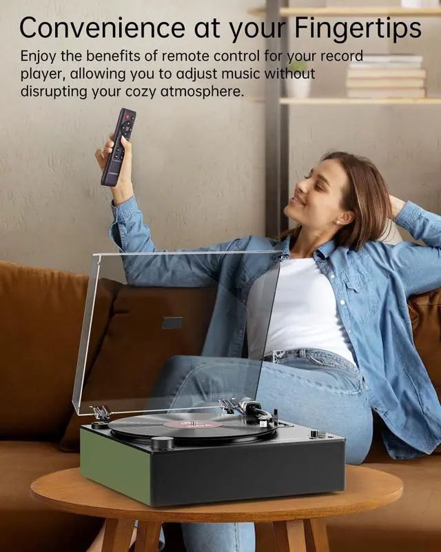 Alt view image 4 of 6 - Automatic Record Player, Bluetooth Belt Drive Vinyl Turntable, Magnetic AT-3600L Cartridge, Bluetooth in & Out, Hi-Fi Stereo Speakers, Aux in Headphone, RCA Out with Remote Control (Green)