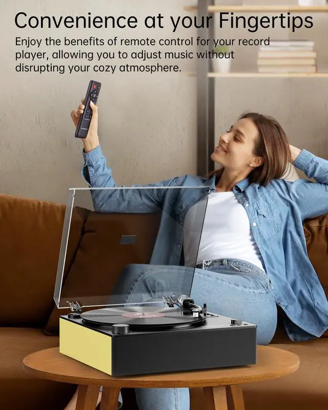 Alt view image 4 of 6 - Automatic Record Player, Bluetooth Belt Drive Vinyl Turntable, Magnetic AT-3600L Cartridge, Bluetooth in & Out, Hi-Fi Stereo Speakers, Aux in Headphone, RCA Out with Remote Control (Yellow)