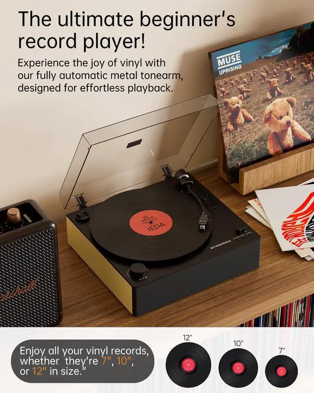 Alt view image 6 of 6 - Automatic Record Player, Bluetooth Belt Drive Vinyl Turntable, Magnetic AT-3600L Cartridge, Bluetooth in & Out, Hi-Fi Stereo Speakers, Aux in Headphone, RCA Out with Remote Control (Yellow)